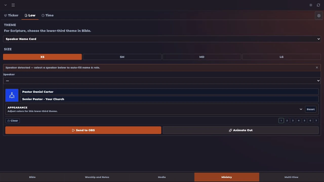 MakeChurchEazy speaker lower-third controls and theme selection