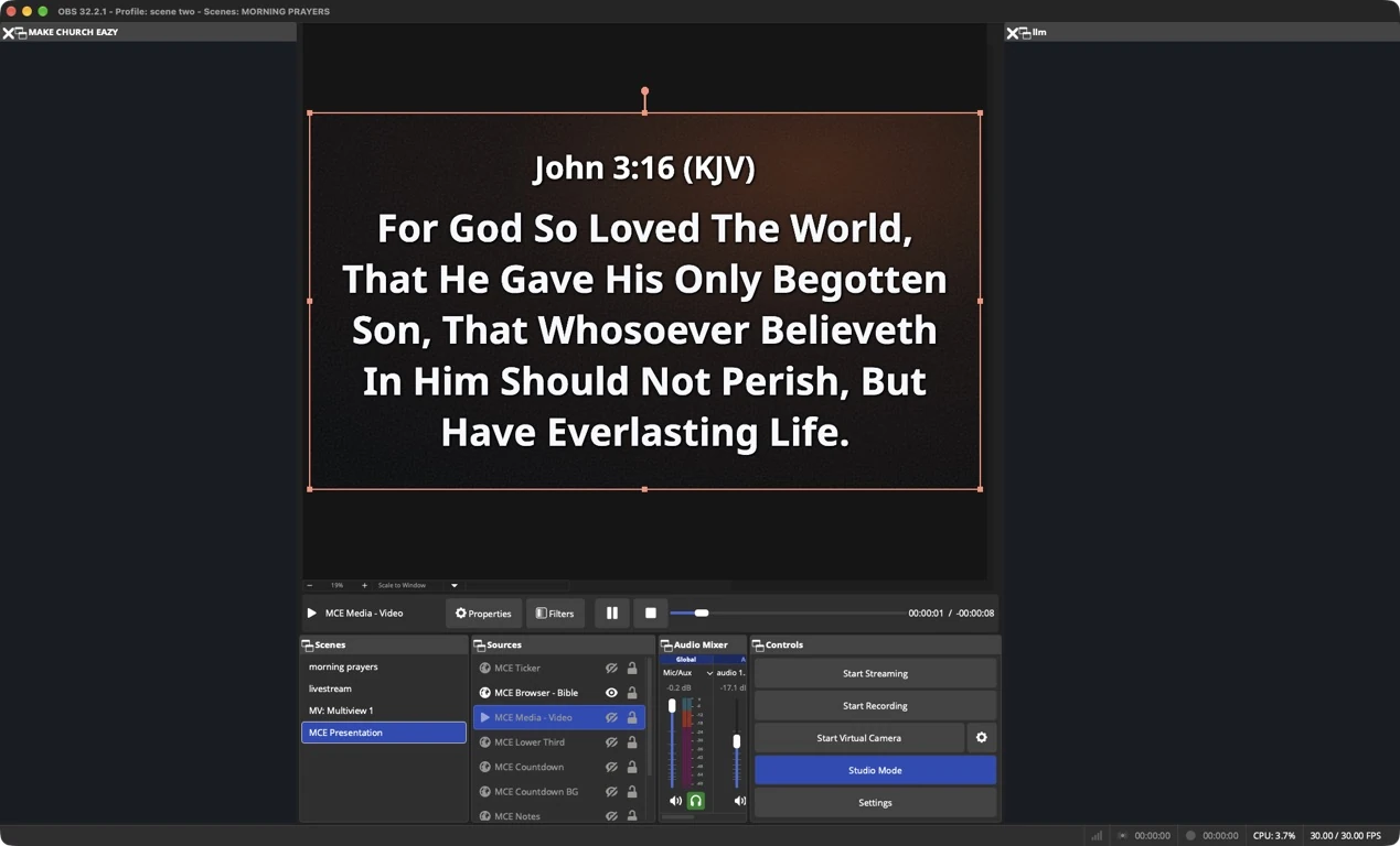 OBS Studio with the MakeChurchEazy presentation dock integrated directly into the workspace