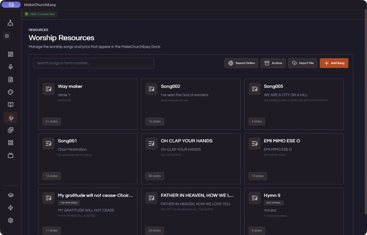 MakeChurchEazy worship library with songs and prepared lyric slides